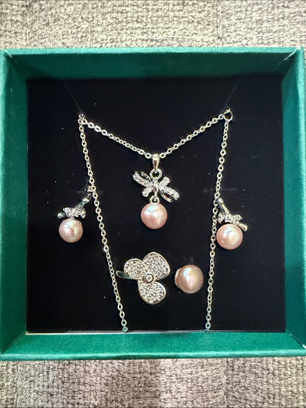 Freshwater 925 Silver Pinkish Purple Pearl Necklace, Ring & Earrings Set W CZ